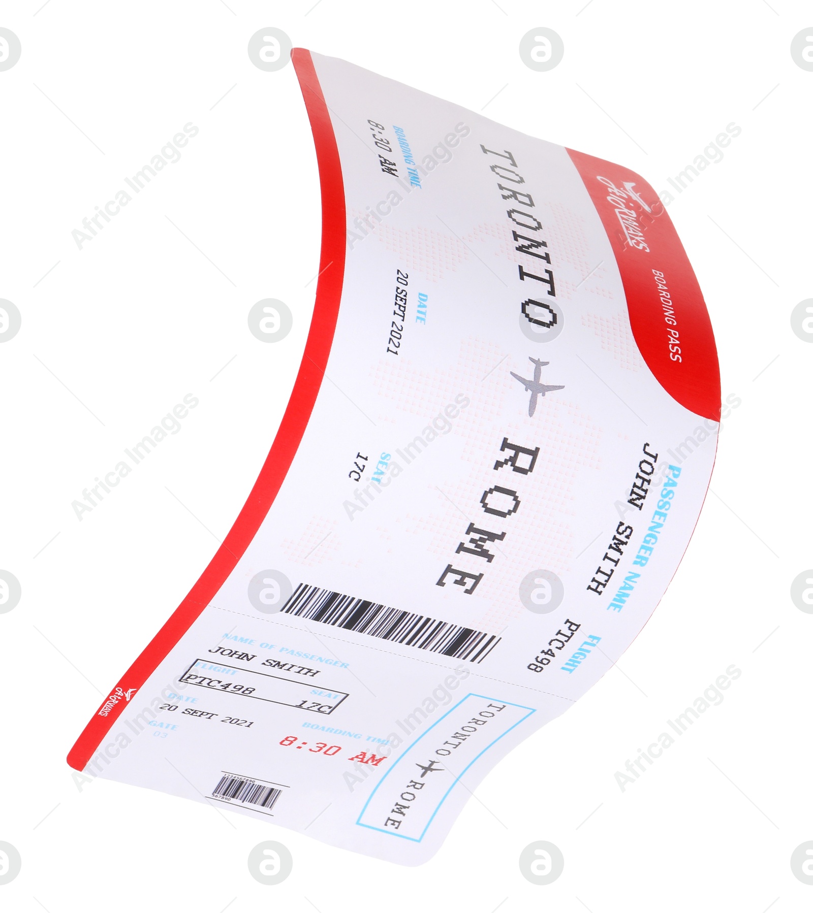 Photo of One airplane ticket isolated on white. Traveling abroad