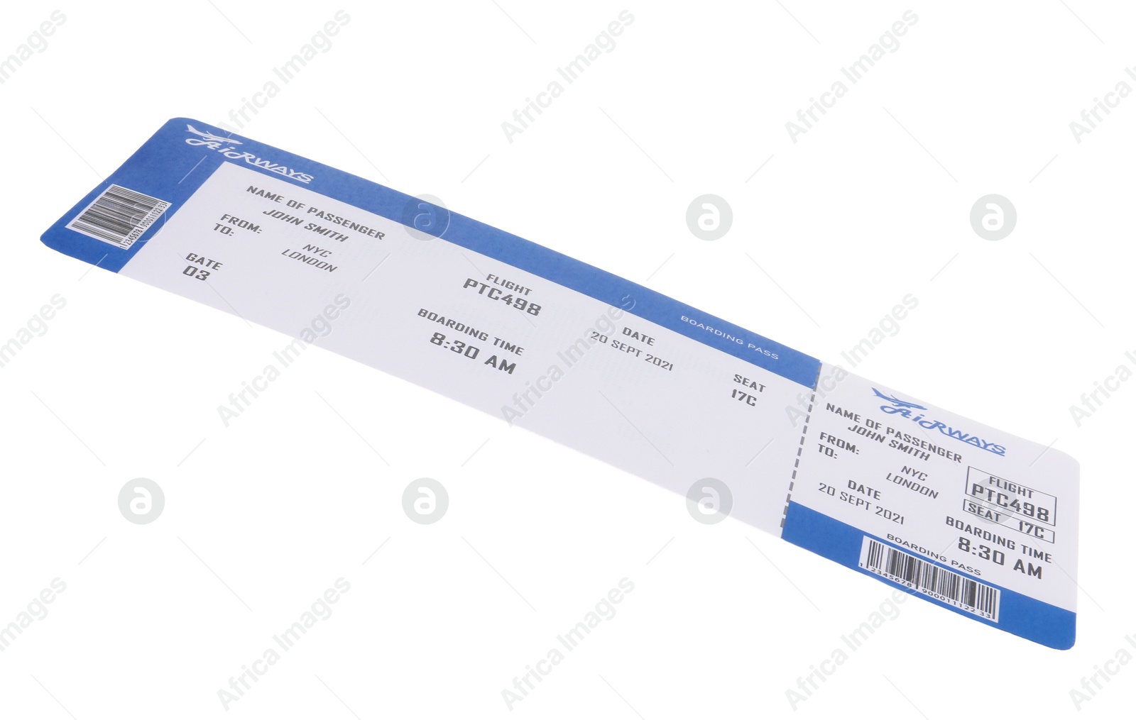 Photo of One airplane ticket isolated on white. Traveling abroad