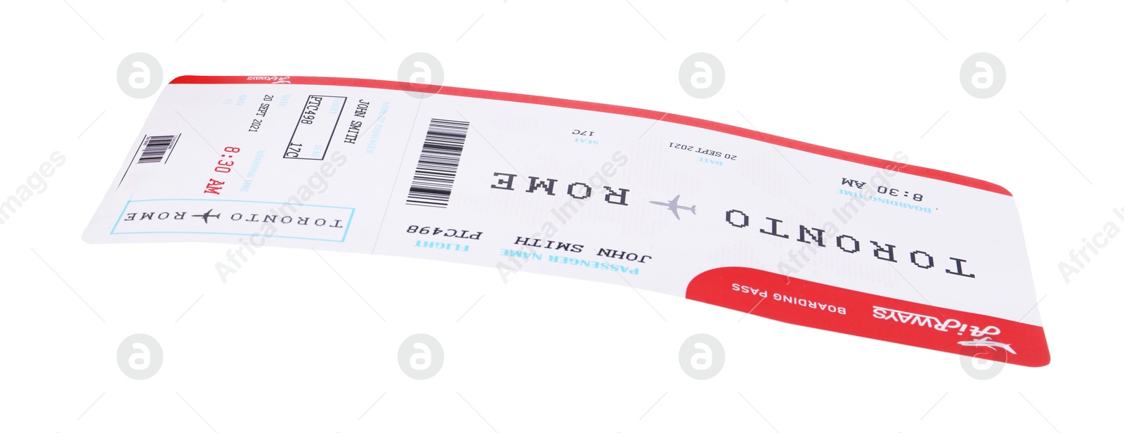 Photo of One airplane ticket isolated on white. Traveling abroad