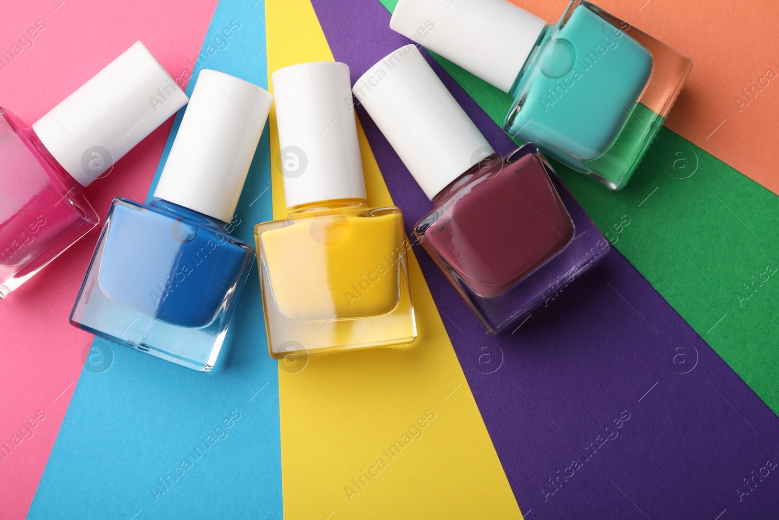 Photo of Set of different nail polishes on color background, flat lay