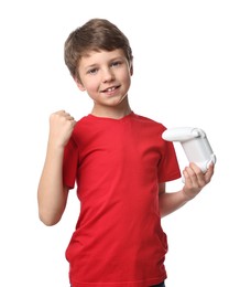 Happy little boy with controller on white background