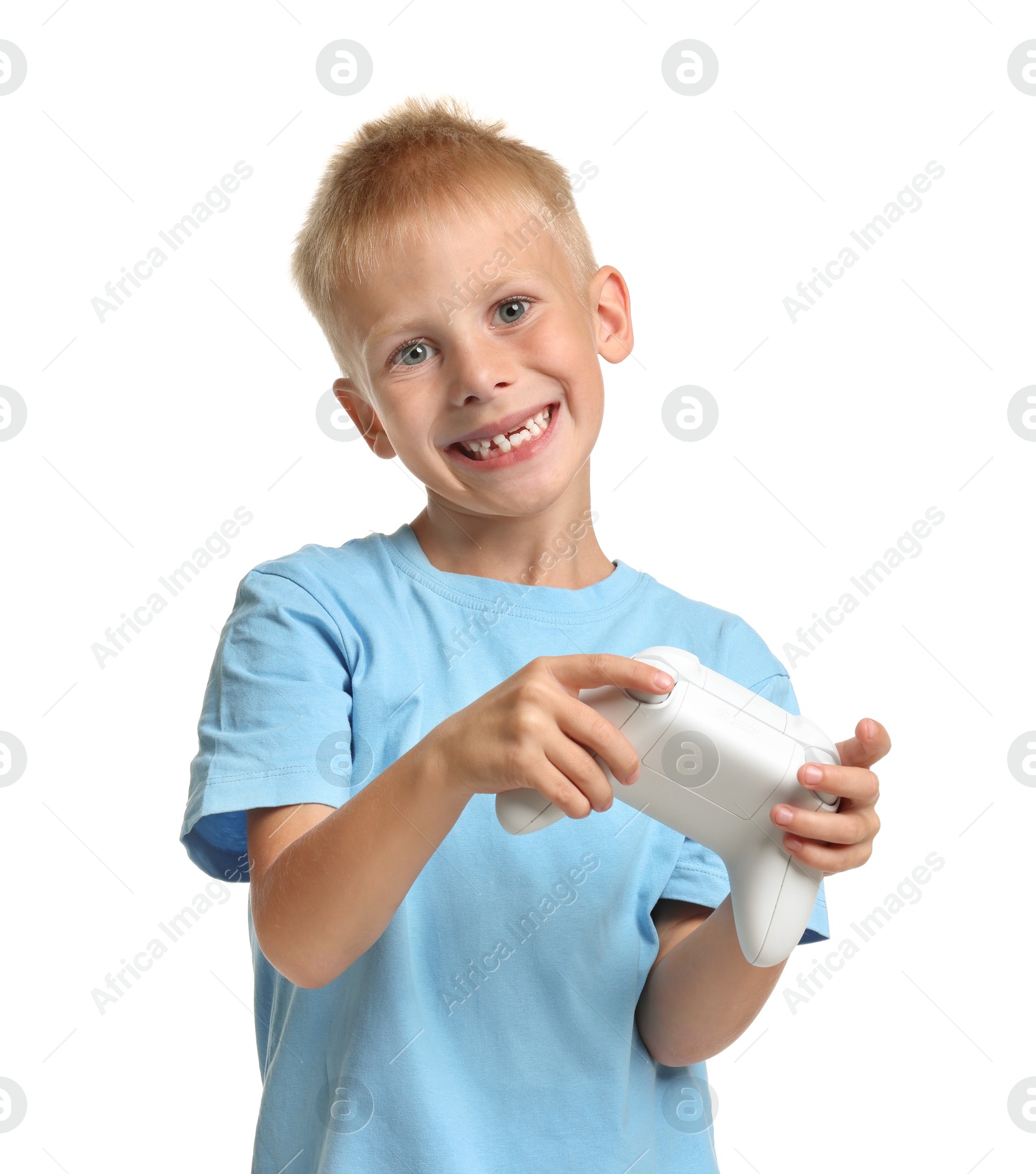 Photo of Happy little boy playing video game with controller on white background