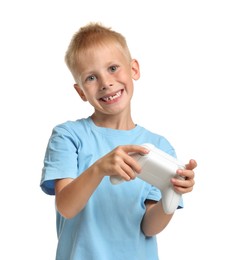 Photo of Happy little boy playing video game with controller on white background