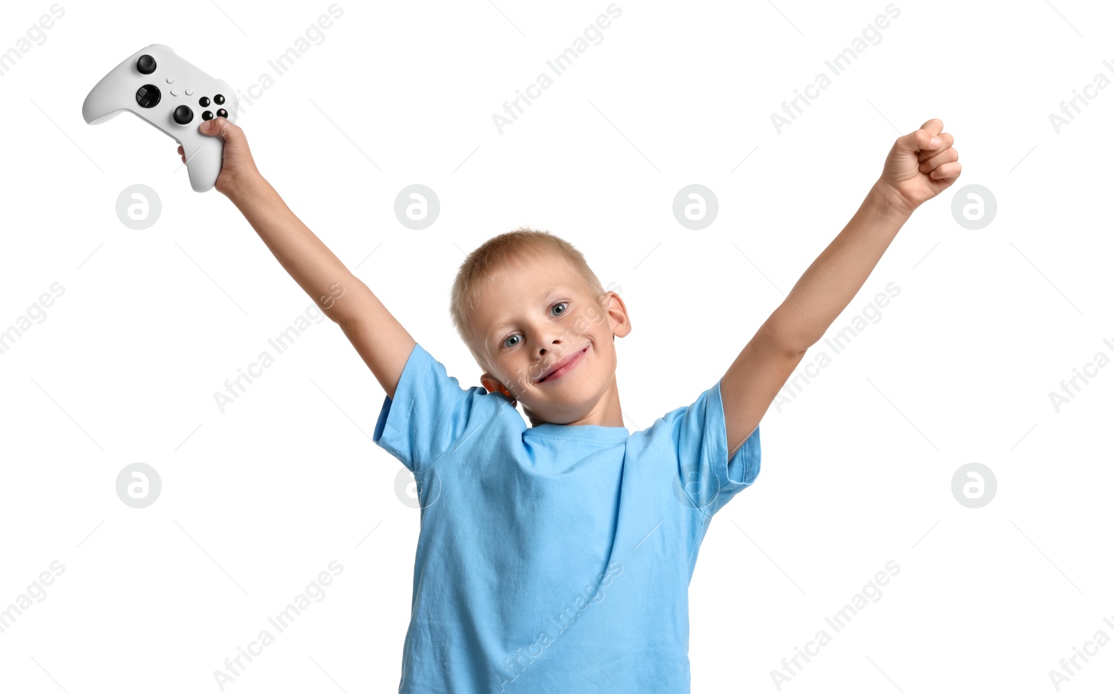 Photo of Cute little boy with controller on white background