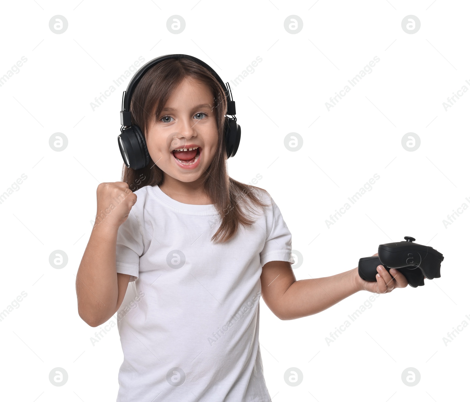 Photo of Happy little girl with controller on white background