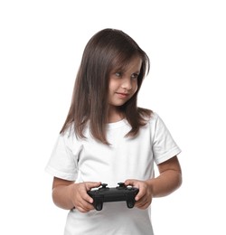 Photo of Cute little girl with controller on white background