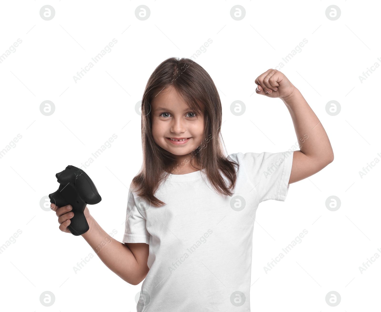 Photo of Happy little girl with controller on white background