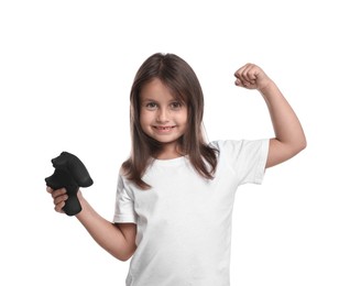 Happy little girl with controller on white background