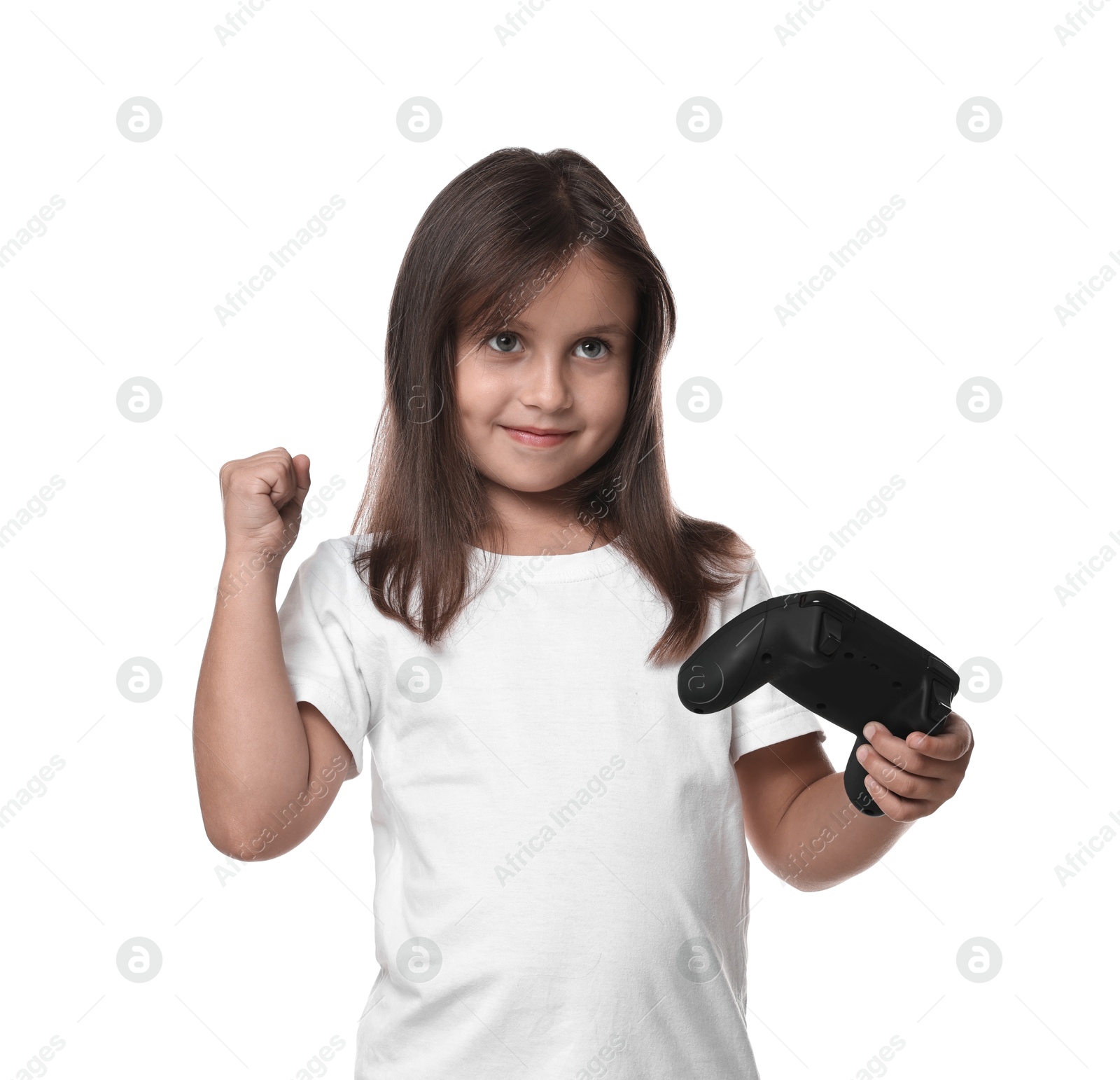 Photo of Cute little girl with controller on white background