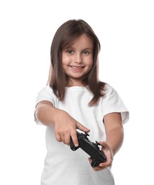 Photo of Happy little girl playing video game with controller on white background