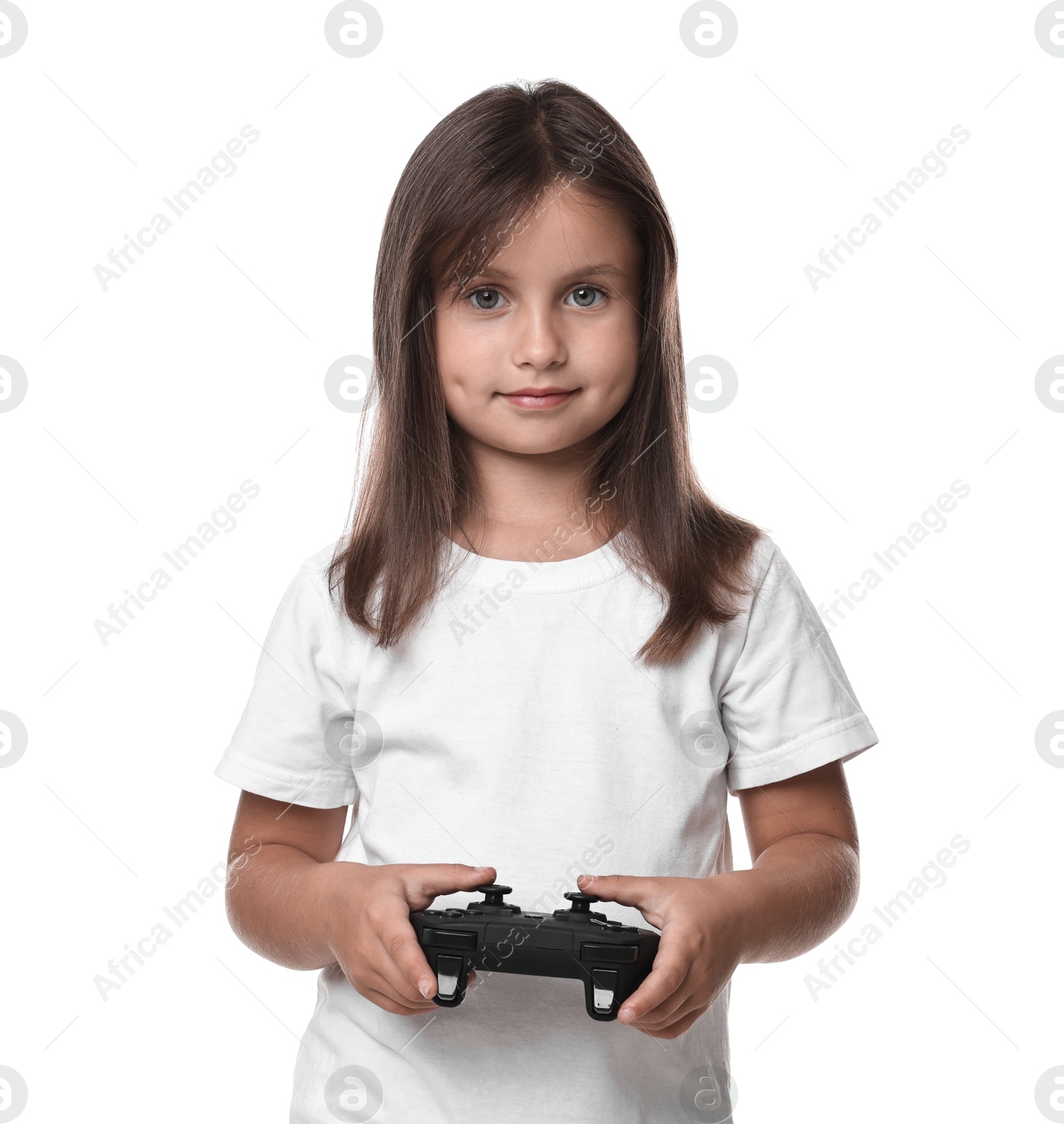 Photo of Cute little girl playing video game with controller on white background