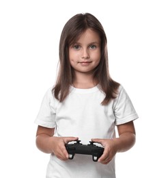 Photo of Cute little girl playing video game with controller on white background