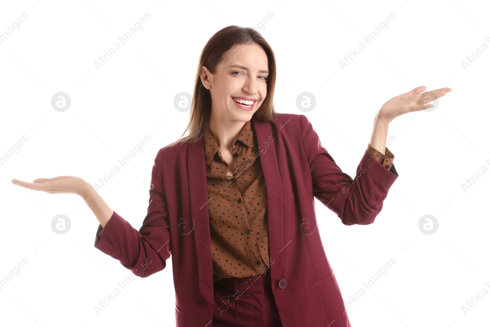 Photo of Portrait of happy winner on white background