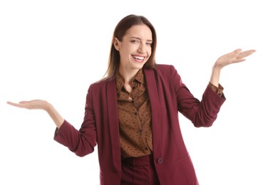 Photo of Portrait of happy winner on white background