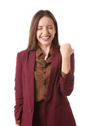 Photo of Portrait of happy winner on white background