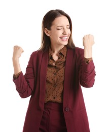 Photo of Portrait of happy winner on white background