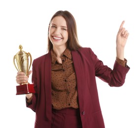 Photo of Happy winner with gold trophy cup on white background