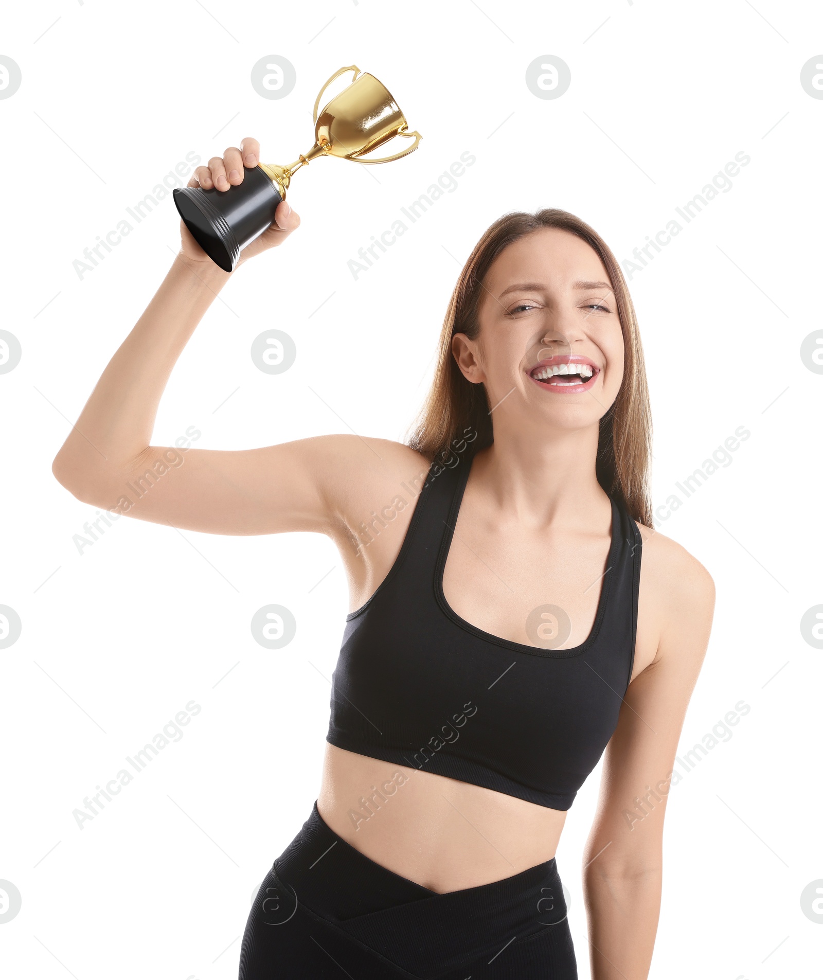 Photo of Happy winner with gold trophy cup on white background