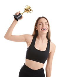 Photo of Happy winner with gold trophy cup on white background