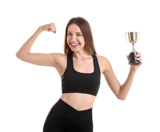 Photo of Happy winner with gold trophy cup on white background