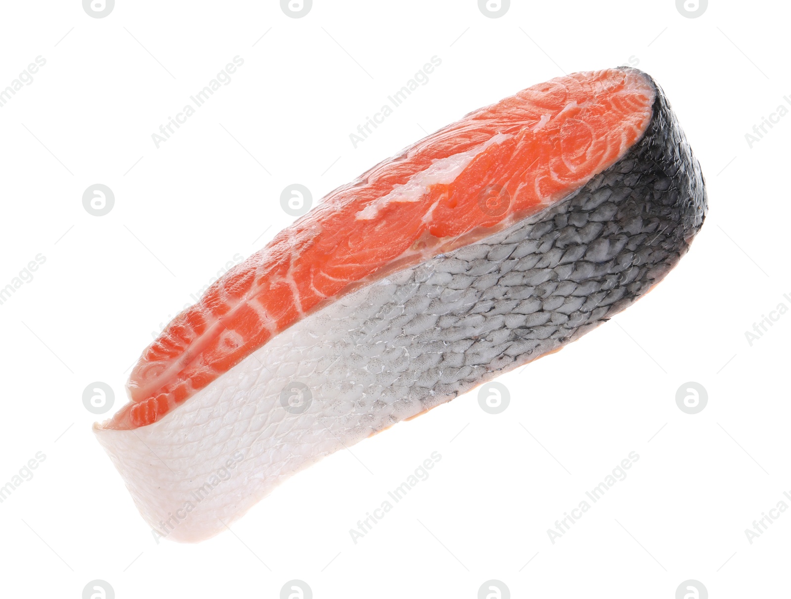 Photo of Steak of fresh raw salmon isolated on white