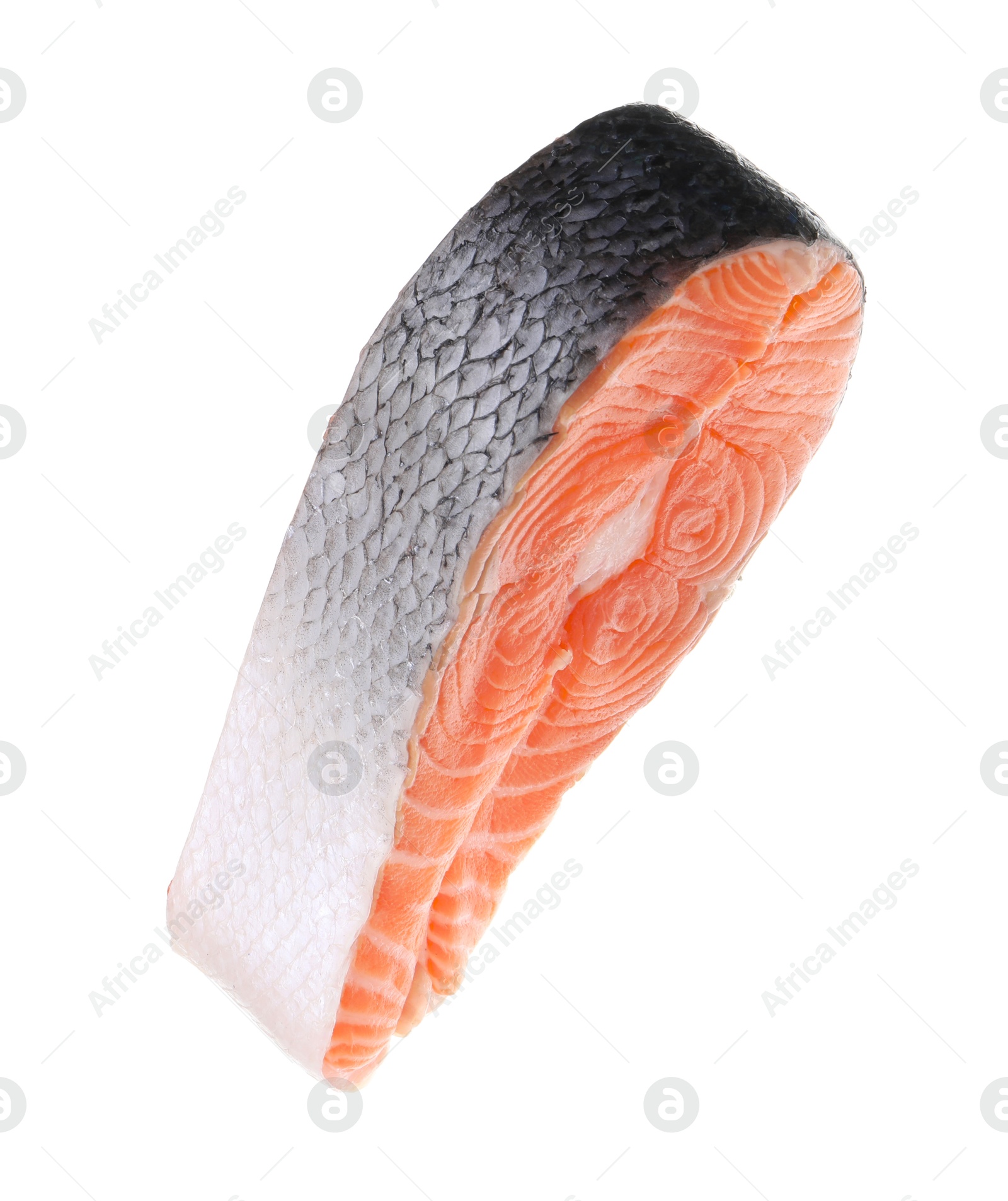 Photo of Steak of fresh raw salmon isolated on white