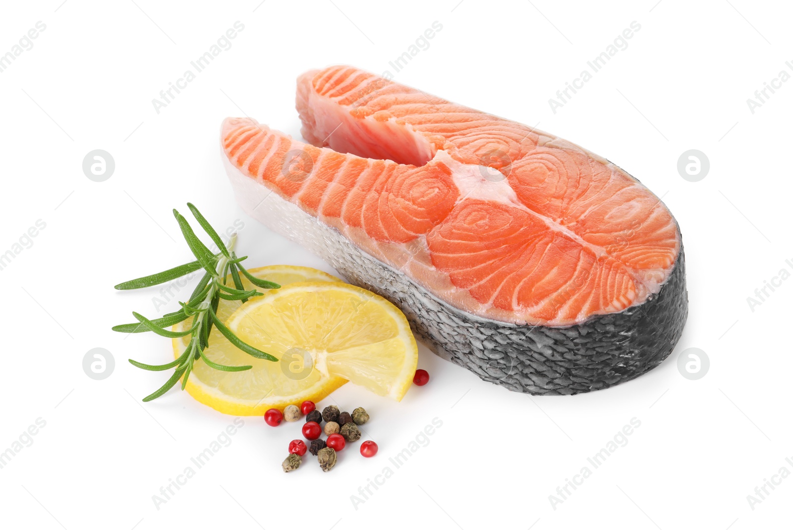 Photo of Steak of fresh raw salmon and spices isolated on white