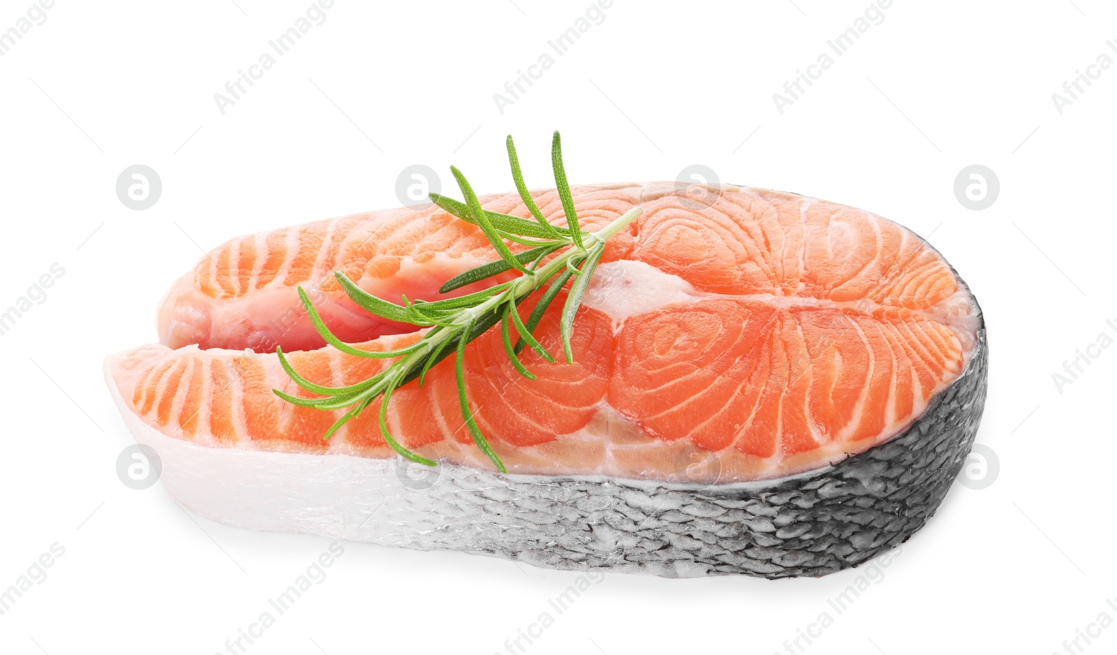 Photo of Steak of fresh raw salmon and rosemary isolated on white