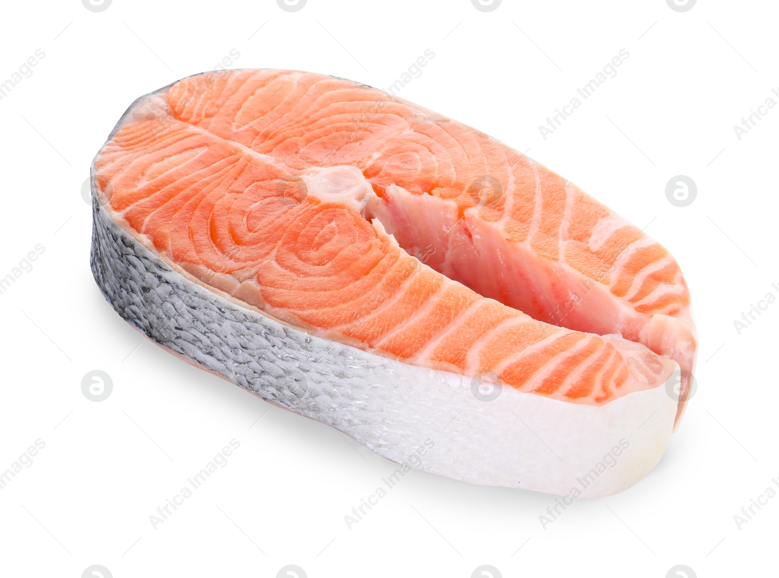 Photo of Steak of fresh raw salmon isolated on white