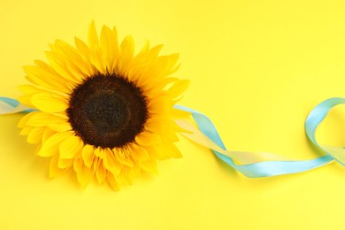 Photo of Sunflower with ribbons in colors of Ukrainian national flag on yellow background