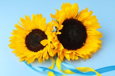 Photo of Sunflowers with ribbons in colors of Ukrainian national flag on light blue background