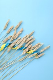 Photo of Ears of wheat with ribbon in colors of Ukrainian national flag on light blue background, flat lay