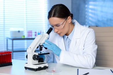 Laboratory testing. Doctor working with microscope at table indoors