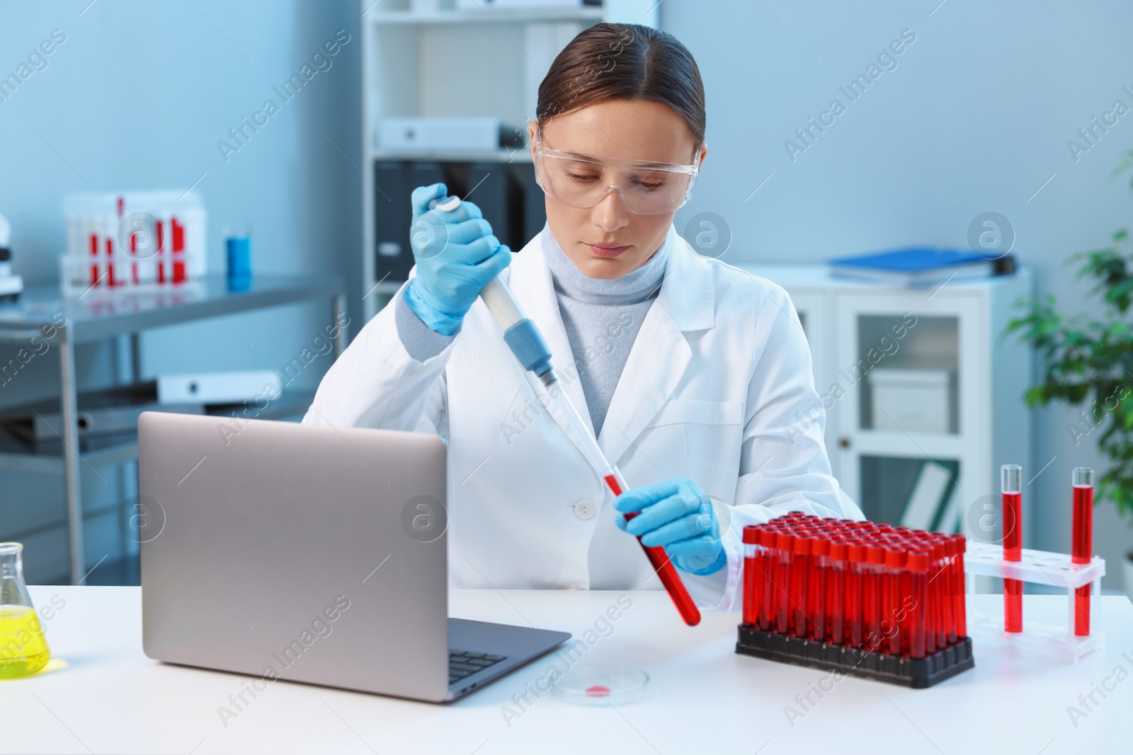 Photo of Laboratory testing. Doctor dripping blood sample into test tube at table indoors