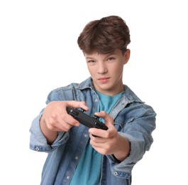 Photo of Teenage boy playing video game with controller on white background