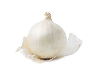 Photo of Fresh onion with peels isolated on white