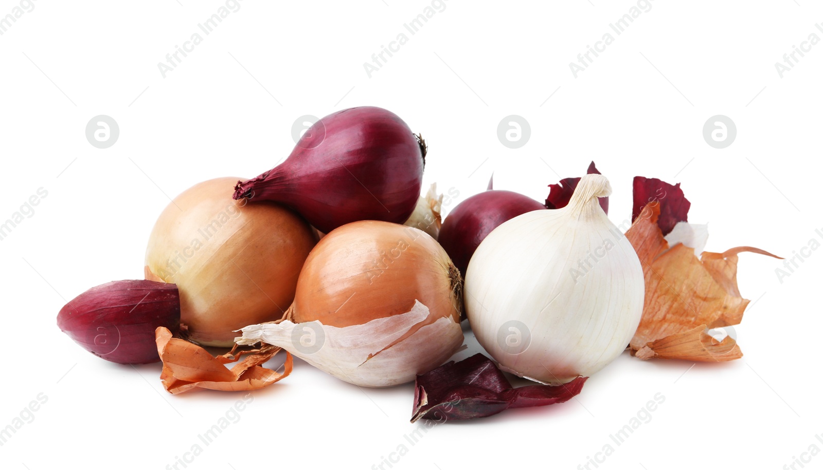 Photo of Fresh onions with peels isolated on white