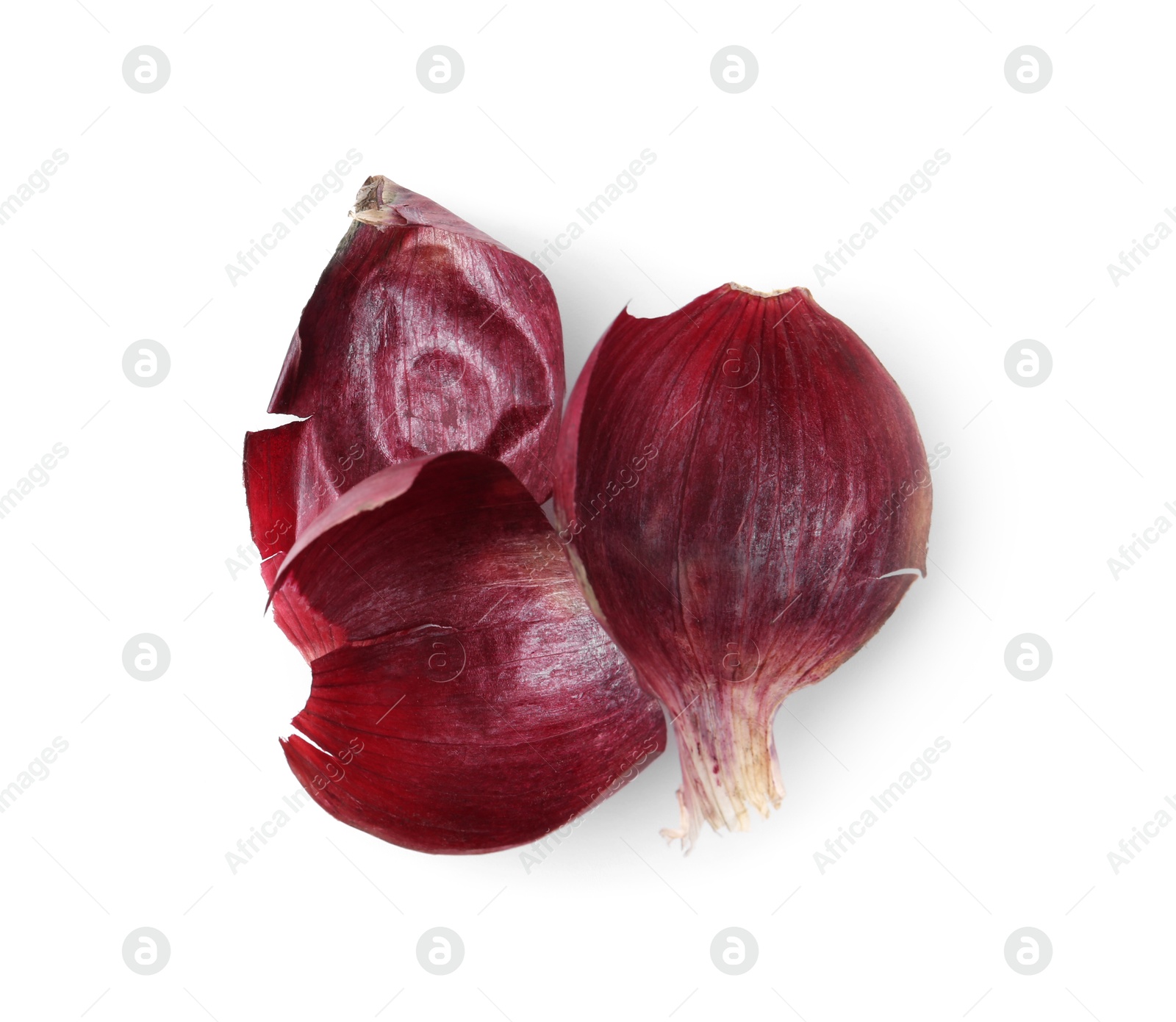 Photo of Onion peels isolated on white, top view