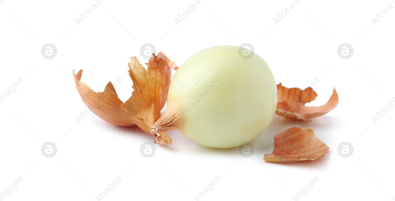 Photo of Fresh onion with peels isolated on white