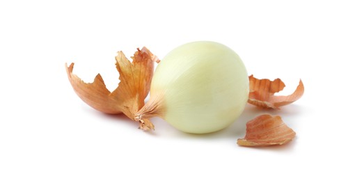 Photo of Fresh onion with peels isolated on white