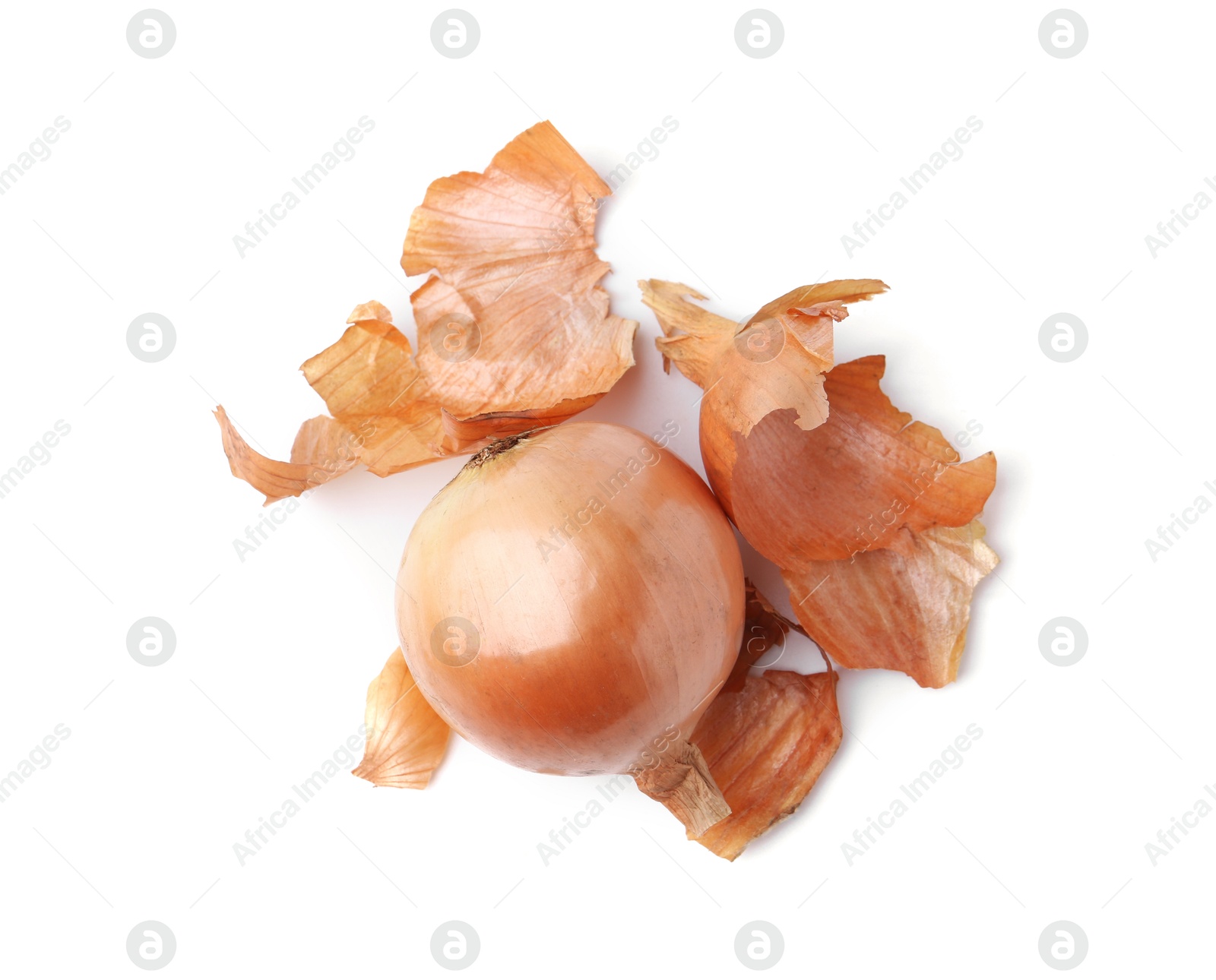 Photo of Fresh onion with peels isolated on white, top view