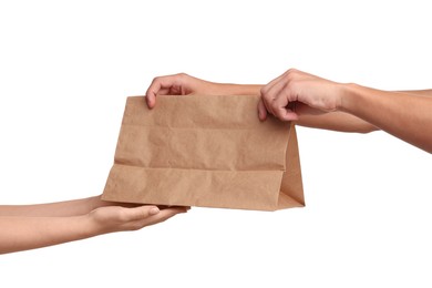 Photo of Fast-food worker giving customer's order on white background, closeup