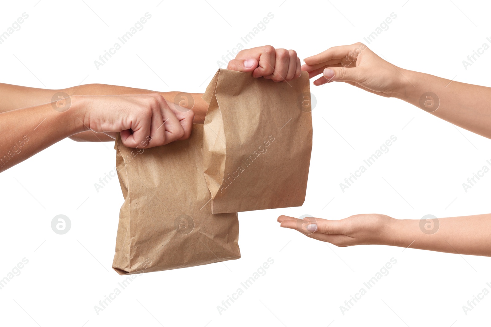 Photo of Fast-food worker giving customer's order on white background, closeup