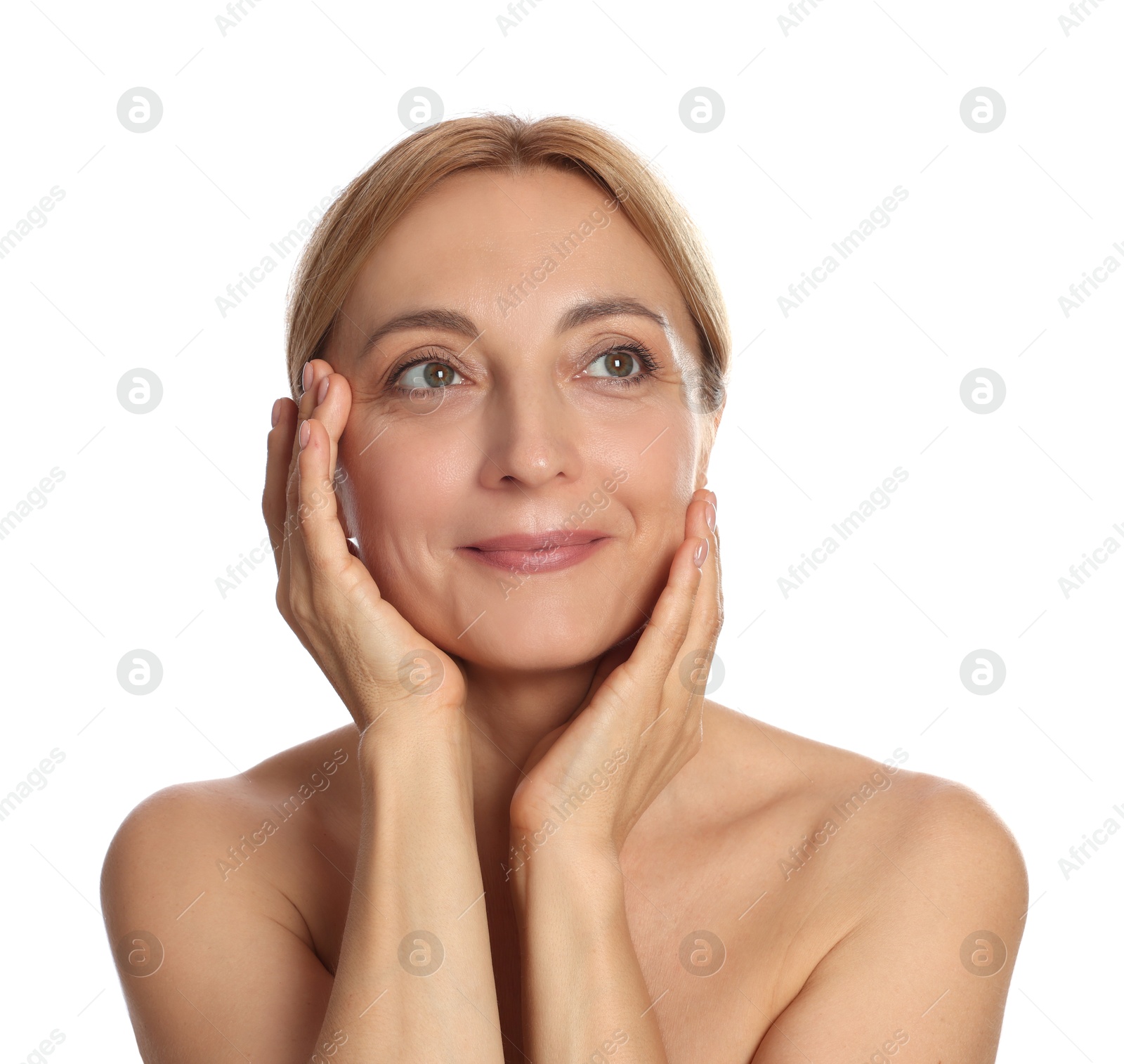 Photo of Beautiful woman doing facial self massage on white background