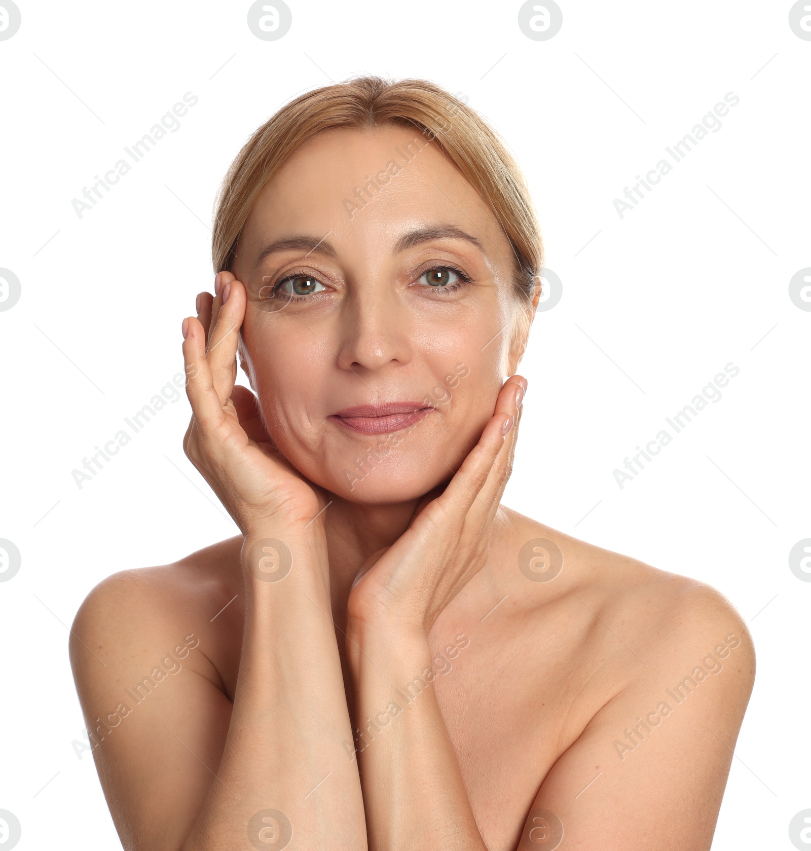 Photo of Beautiful woman doing facial self massage on white background