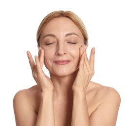 Photo of Beautiful woman doing facial self massage on white background