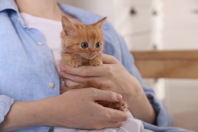 Photo of Teenage boy with his cute ginger kitten indoors, closeup