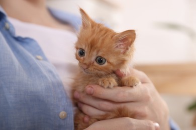 Teenage boy with his cute ginger kitten indoors, closeup