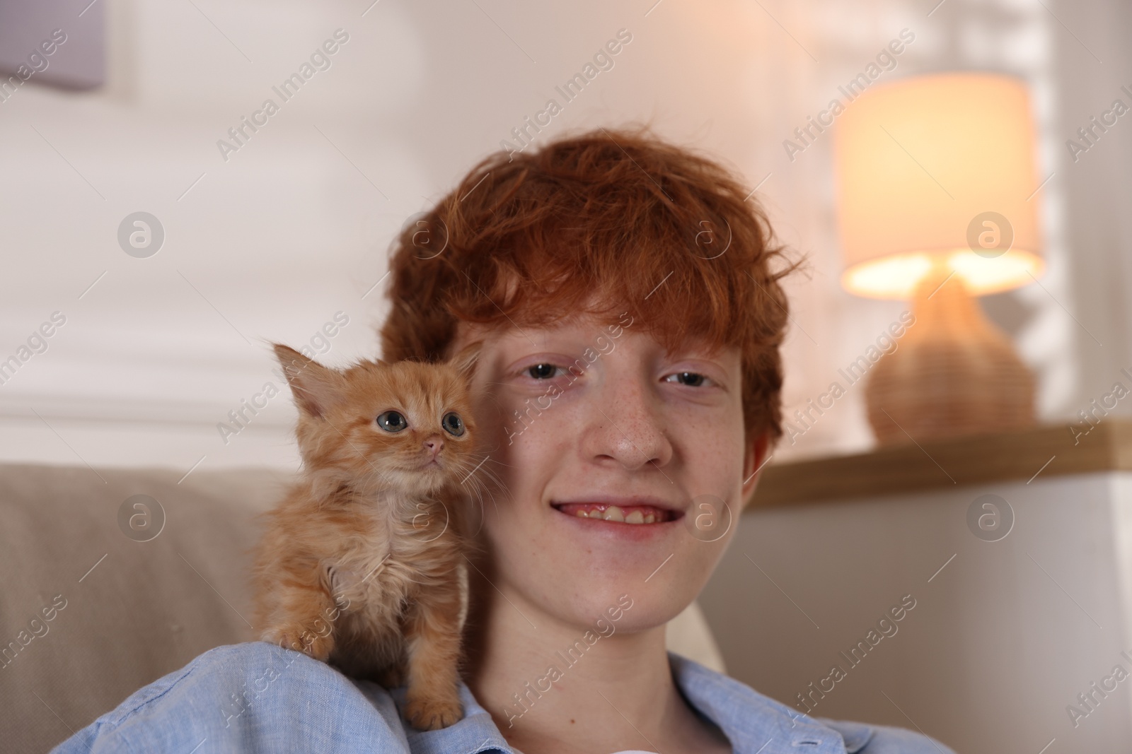 Photo of Redhead teenage boy with cute ginger kitten on sofa indoors