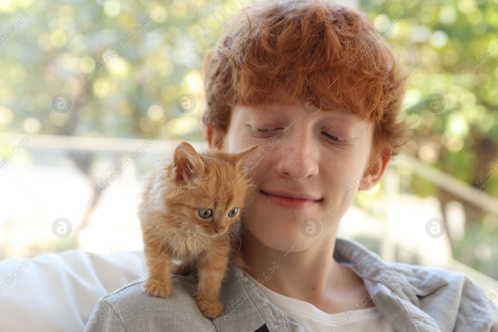 Photo of Redhead teenage boy with cute ginger kitten indoors